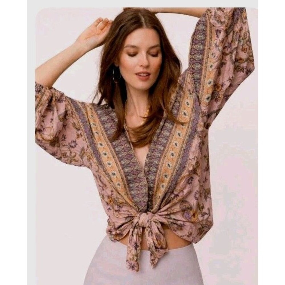 Aakaa Long Sleeve Blouse LG Floral Paisley Pink Brown Yellow Indian Print Boho